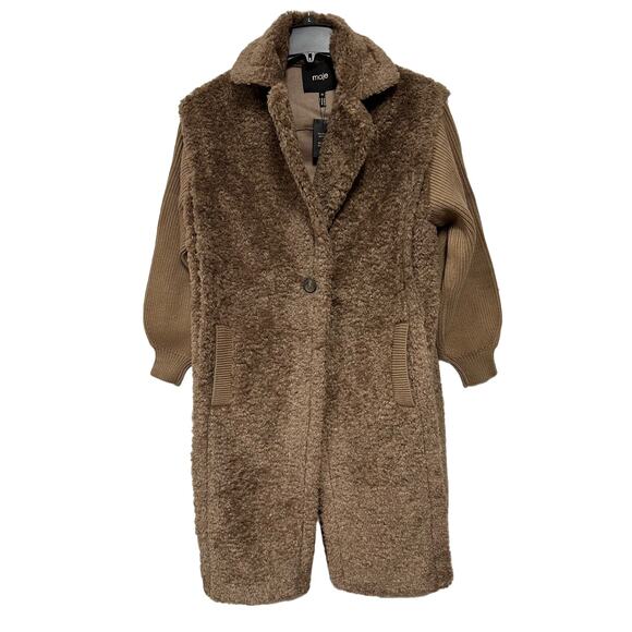 Maje Long faux fur curly coat knit sleeves size 40 US Large new with tags - Picture 1 of 5